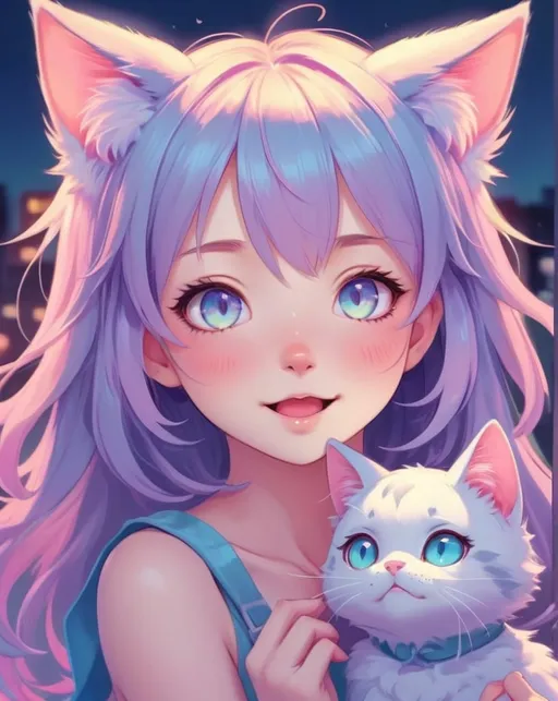 Prompt: Anime illustration of a cute catgirl, vibrant pastel colors, adorable expression, playful atmosphere, high quality, anime, cute, pastel colors, catgirl, detailed eyes, vibrant, playful, atmospheric lighting