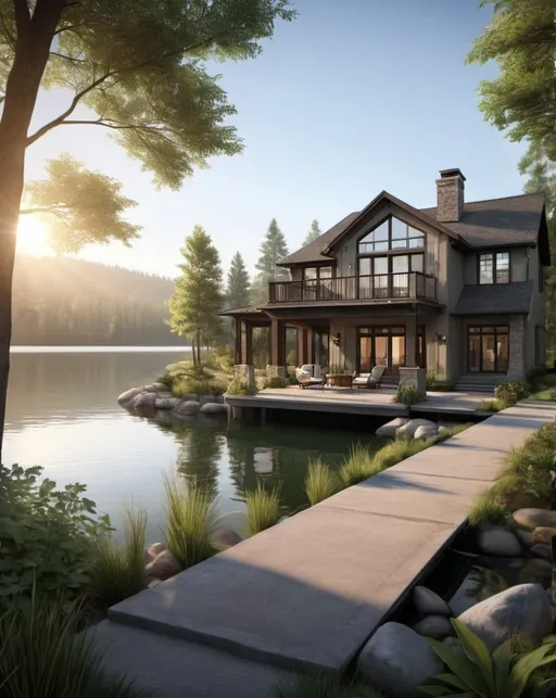 Prompt: Waterfront home, serene lake setting, sunlit interiors, high quality, realistic, serene, natural lighting