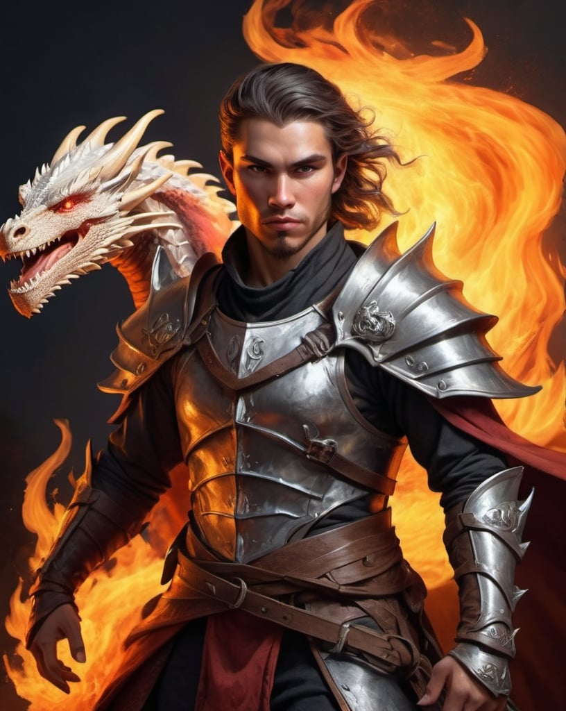 Prompt: fantasy dragon rider, flames effect, details clothes, confident and determined, hyper-realistic character portrait, fantasy character art, illustration, dnd
