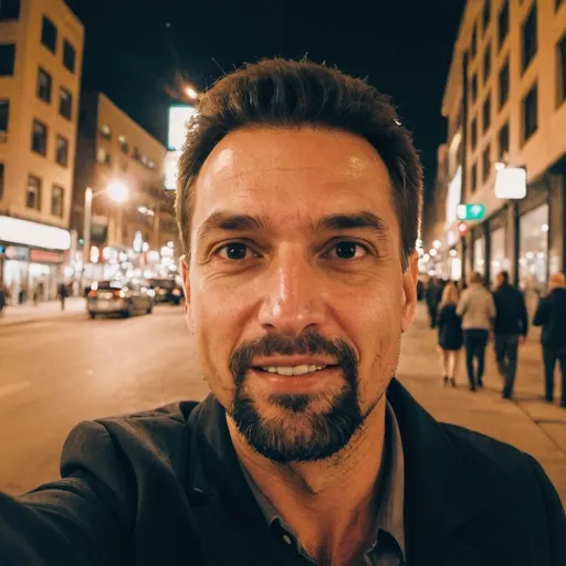 Prompt: city nightlife selfie of a man