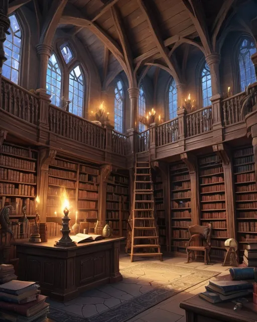 Prompt: wizard's library, mythical, mysterious highly detailed scene, fantasy art, digital illustration, dnd