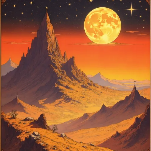 Prompt: a barren desert extends to the horizon, with undulating sand dunes and sparse vegetation. A towering, jagged mountain rises dramatically against a vivid sunset sky, where a large, glowing moon and twinkling stars add a mystical touch.