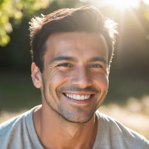 Prompt: casual portrait profile picture of a man, smiling, outdoor background, sunlight