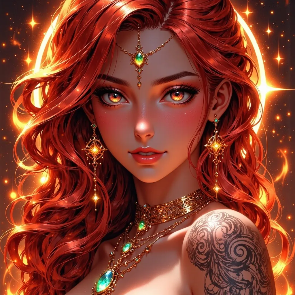 Prompt: beautiful fire goddess with long red flaming hair and golden eyes with slits and a gemstone in the middle of her forehead. Full shoulder tattoos.