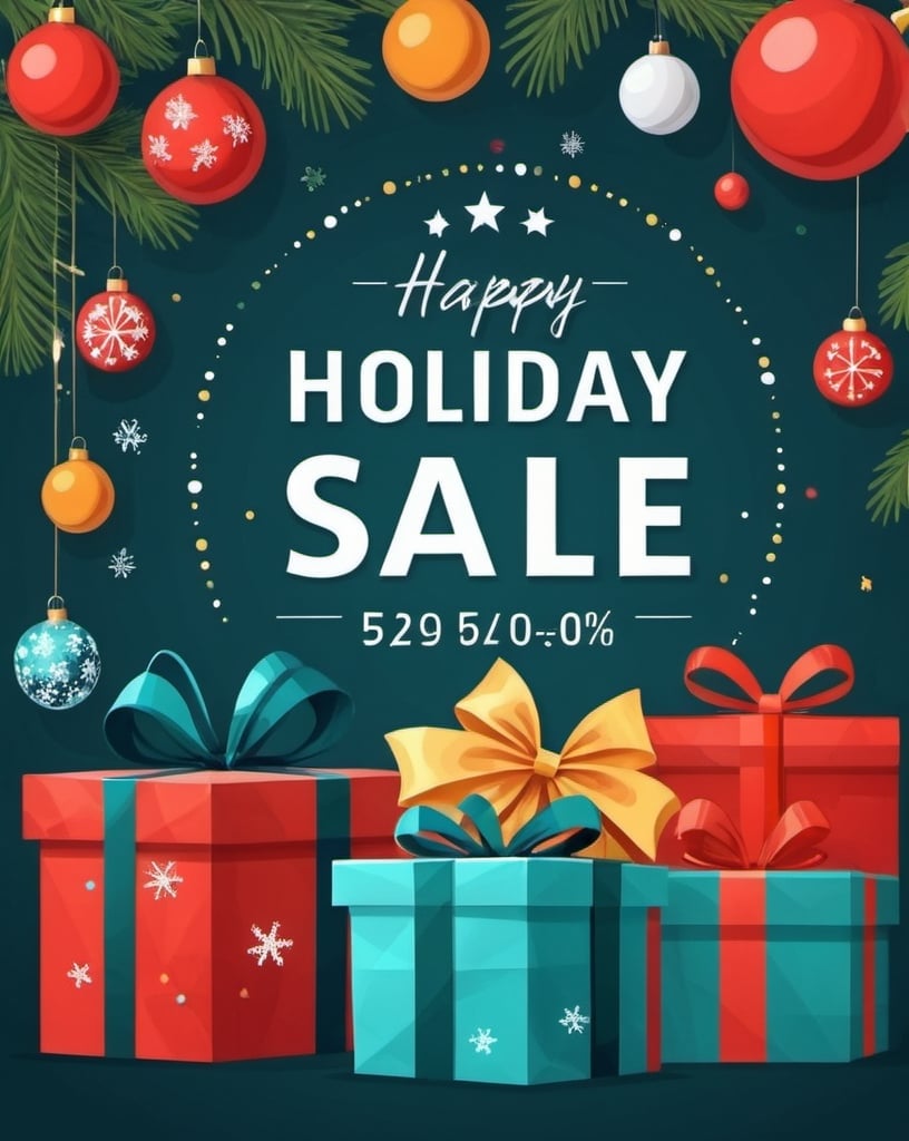 Prompt: Holiday sale banner with festive elements, 2d vector, flat, high quality, printable, print ready, production ready