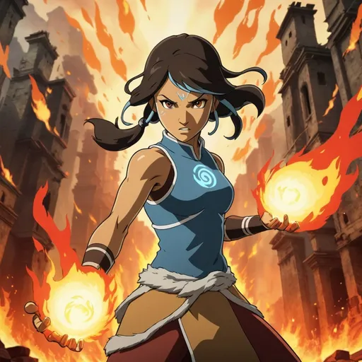 Prompt: An angry woman is casting fireballs in the air as The Avatar. She is standing among fire-scarred ruins. UHD legend of korra anime