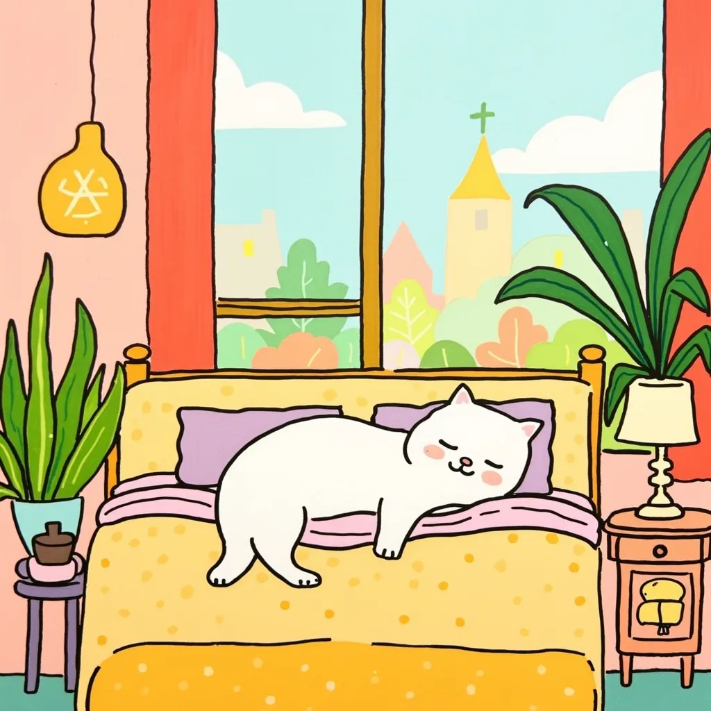 Prompt: cat sleeping in bed in a high rise apartment with floor to ceiling window