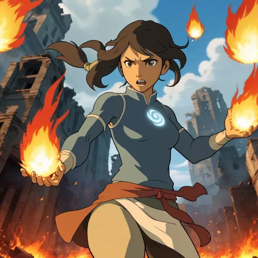 Prompt: An angry woman is casting fireballs in the air as The Avatar, She is standing among fire-scarred ruins, UHD, legend of korra anime