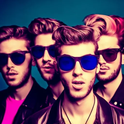 Prompt: portrait handsome looking group band wearing sunglasses and headband, music cover album, Vibrant, Colorful