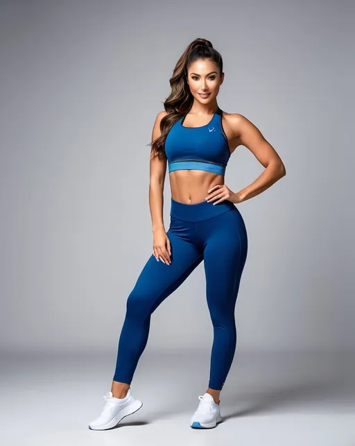 Prompt: Highly detailed fitness wear outfit commercial picture, full body portrait,  sporty model dynamic posing, professional photoshoot, high quality, clean background, professional lighting,