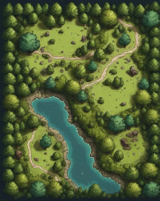 Prompt: A top-down map of a forest, 2d dnd battlemap, highly details, 8k