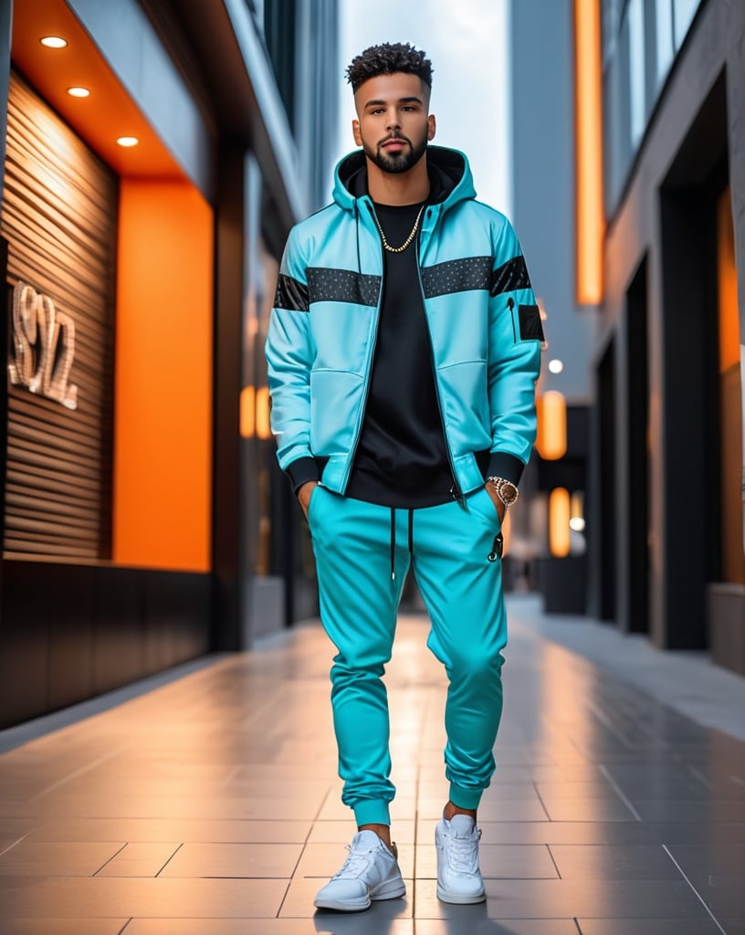 Prompt: Highly detailed casual streetwear outfit commercial picture, full body portrait,  professional photoshoot, high quality, modern street background, professional lighting,