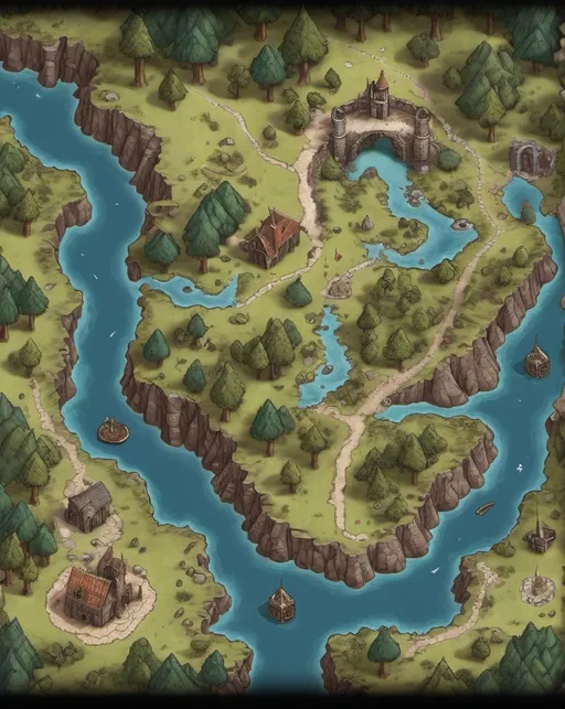 Prompt: A top-down map of a fantasy realm, 2d dnd battlemap, highly details, 8k