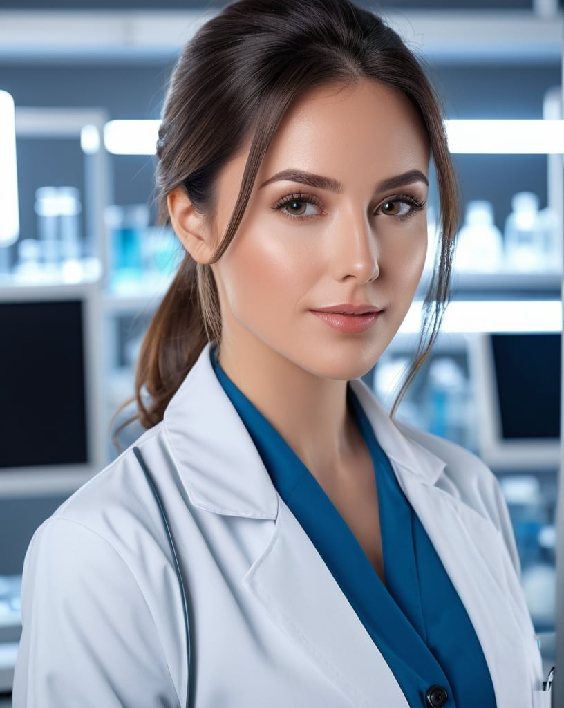 Prompt: Scientist woman, photorealistic picture, detailed facial features, lab coat, lab equipment, confident expression, intelligent gaze, high quality, professional lighting