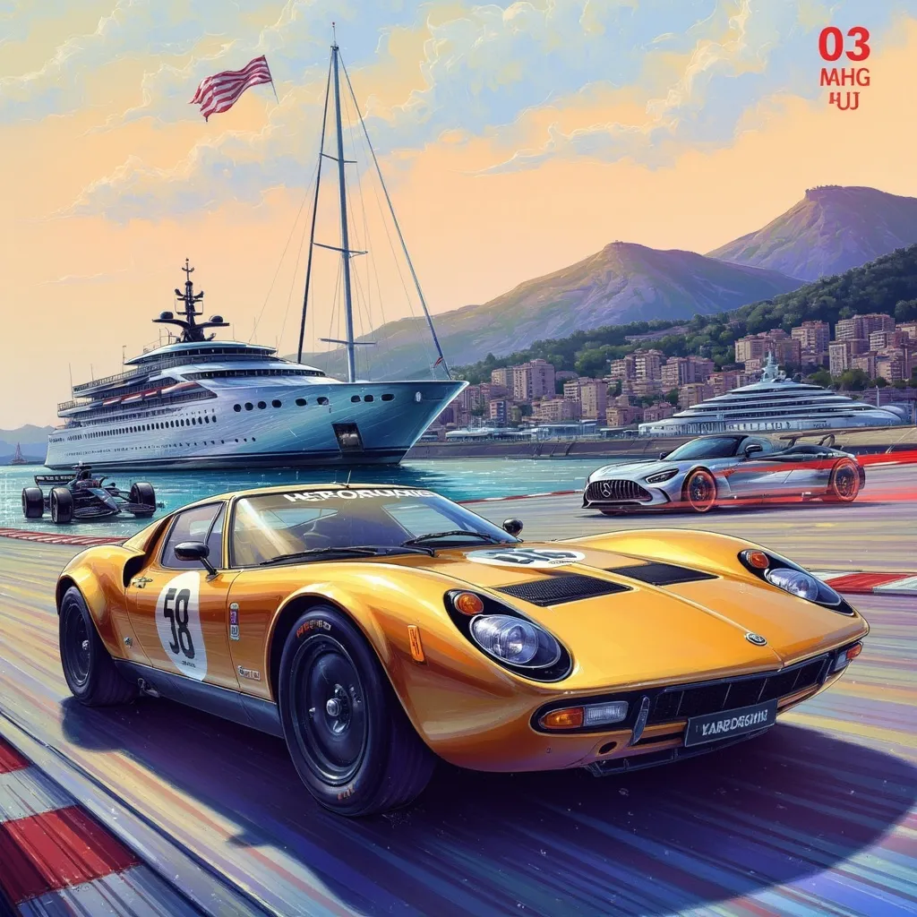 Prompt: A poster of a 1968 lamborghini miura, Parked at a marina, in monaco, luxury yachts in background, mountains in distant background on the horizon,