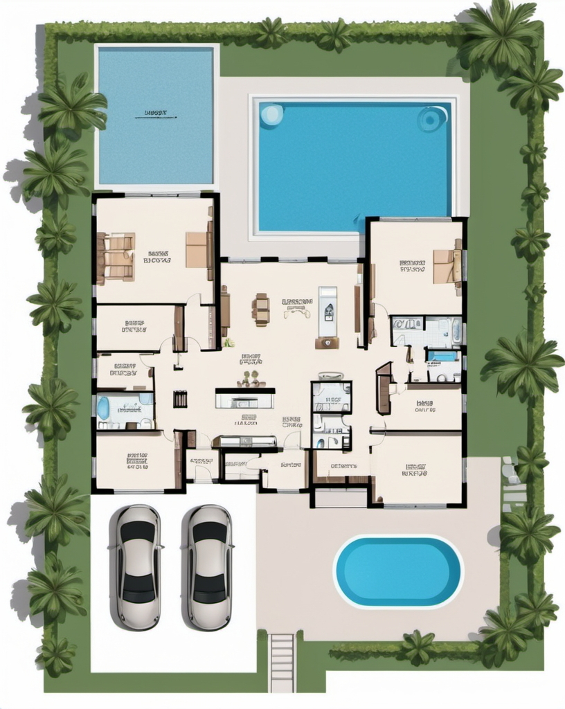 Prompt: luxury home floorplan, backyard, frontyard, pool, 2D vector illustrations, high quality, detailed layout, modern design, professional style, minimalistic, precise lines, clean and crisp, luxurious space, top-notch, well-crafted, artistic floorplan, spacious layout, accurate representation, high-res, polished, architectural, detailed home, clear and precise, professional vector illustration, organized and efficient, minimalistic design