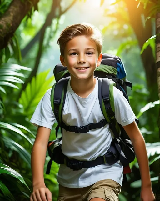 Prompt: teenage kid adventure in jungle, front of kid, vibrant and detailed foliage, high-res, high quality, teenage explorer, jungle adventure, atmospheric lighting