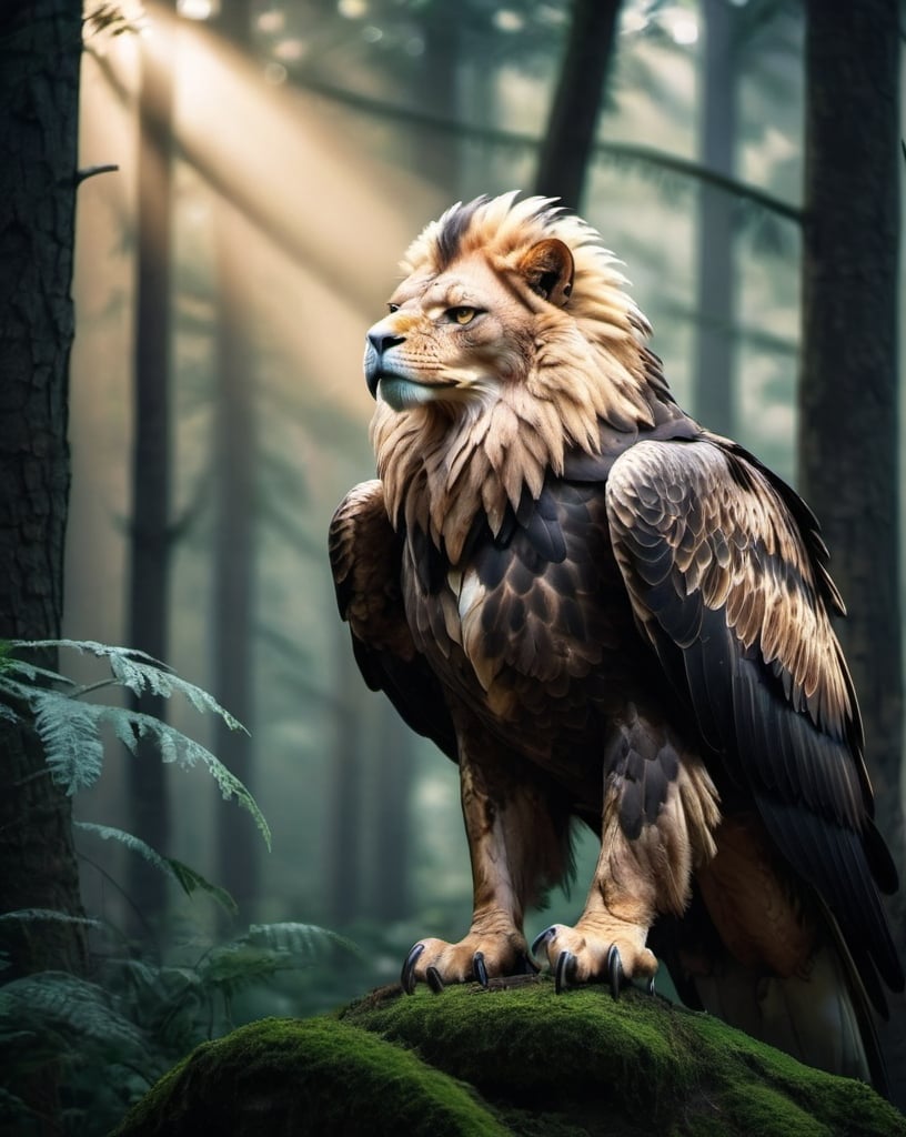 Prompt: Eagle-lion hybrid in a mystical forest, animal hybrid of an eagle and a lion, mix of lion and eagle, high quality, atmospheric lighting