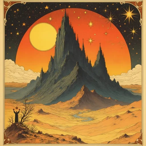 Prompt: a barren desert extends to the horizon, with undulating sand dunes and sparse vegetation. A towering, jagged mountain rises dramatically against a vivid sunset sky, where a large, glowing moon and twinkling stars add a mystical touch.