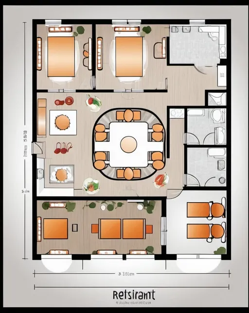 Prompt: restaurant floorplan, kitchen, dining room, 2D vector illustrations, high quality, detailed layout, modern design, professional style, minimalistic, precise lines, clean and crisp, professional vector illustration, organized and efficient, minimalistic design