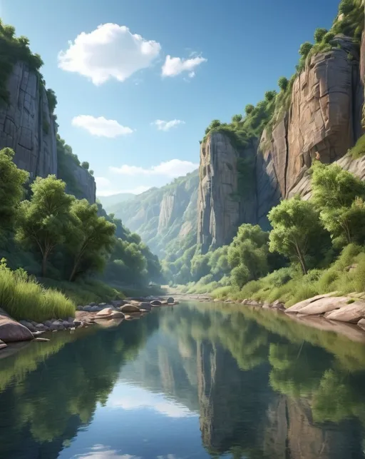 Prompt: Photorealistic river valley landscape, highly detailed, high resolution, high quality, tranquil water reflection, lush greenery, rocky cliffs, realistic wildlife, clear blue sky, peaceful ambiance, professional, serene lighting