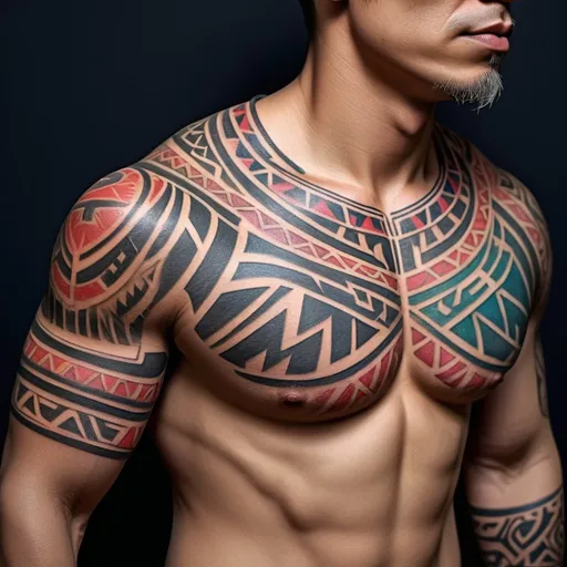 Prompt: Tribal tattoo on skin, colorful, high resolution, detailed shading, hyper-realistic, fine art, crisp lines, intricate details, high contrast, professional quality,  dramatic lighting, realistic texture, ultra-detailed, fine art, hyper-realism