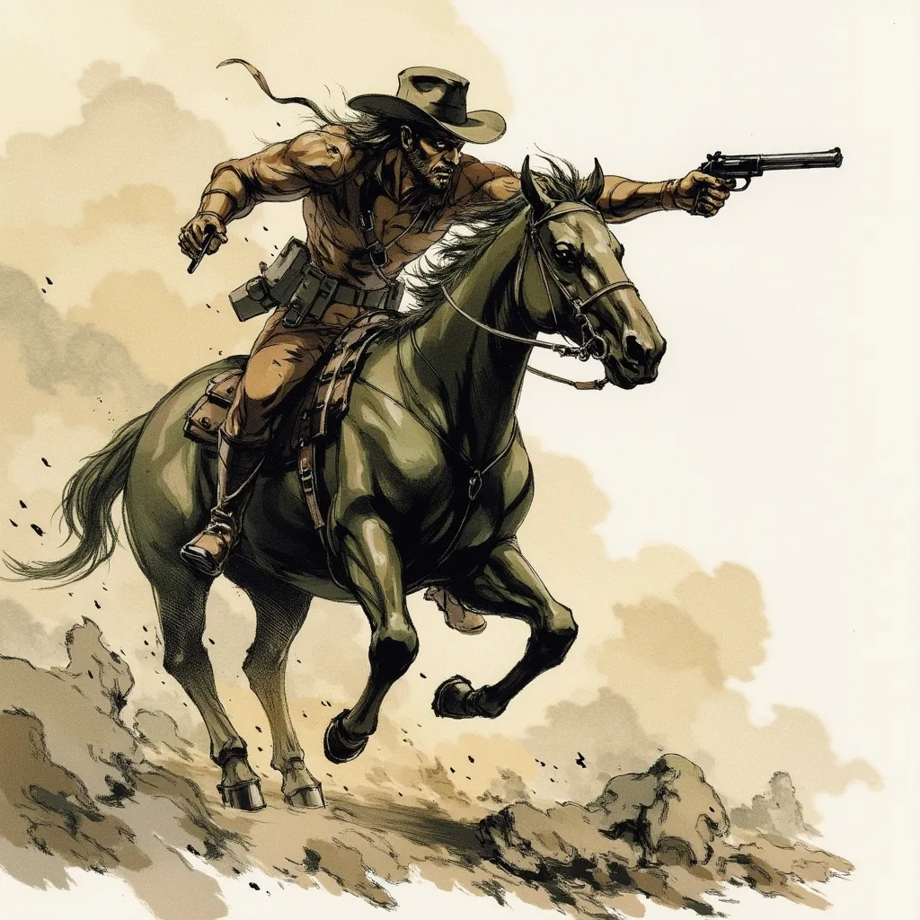 Prompt: cowboy on a horse shooting a gun