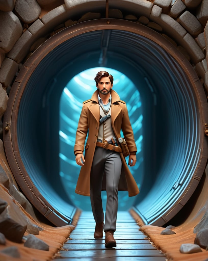 Prompt: time traveler, time travel tunnel background, 3d character, full-body digital illustration, high quality, detailed texture, high-res, trending on artstation