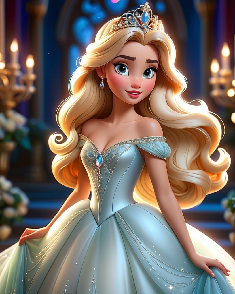 Prompt: Disney-style princess, flowing gown with intricate details, sparkling tiara, enchanting atmosphere, high quality, animated,  detailed facial features, magical lighting