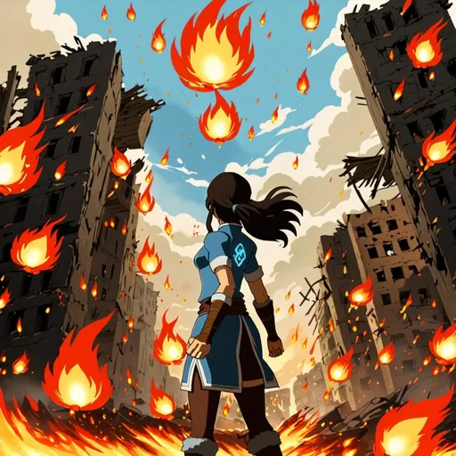 Prompt: An angry woman is casting fireballs in the air as The Avatar. She is standing among fire-scarred ruins. UHD legend of korra