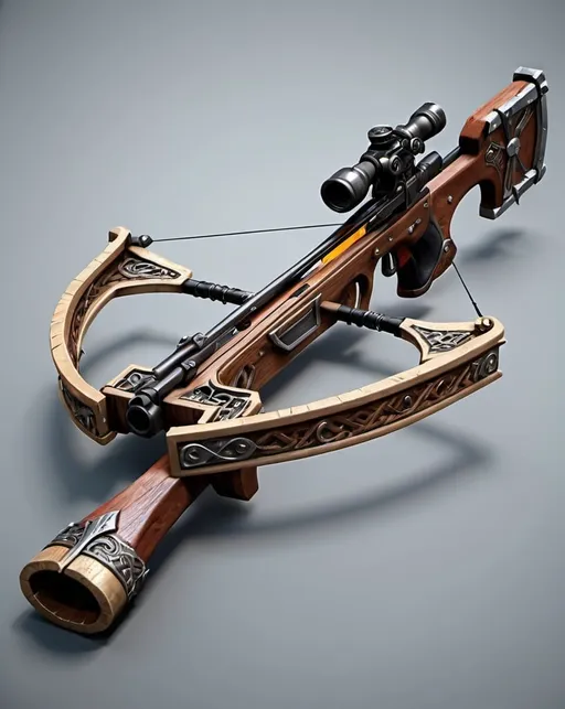 Prompt: Fantasy game asset of a crossbow, realistic 3D rendering, intricate details, high quality, medieval fantasy