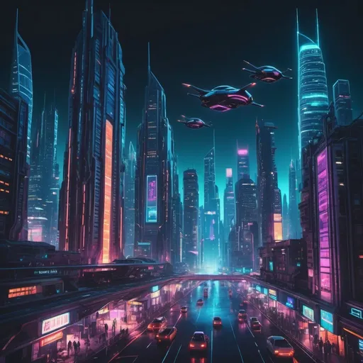 Prompt: futuristic cityscape at night, flying vehicles, vibrant neon lights, skyscrapers, bustling streets, high quality, detailed city, cool tones, atmospheric lighting