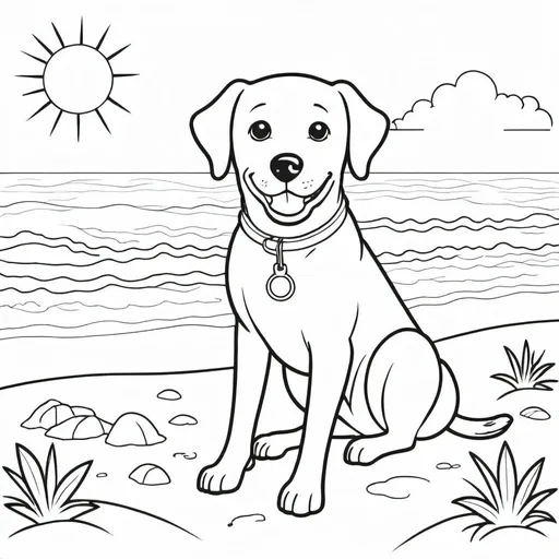 Prompt: laborador dog enjoying the sunshine on a beach, coloring book, black and white line illustration for coloring book, empty coloring book, flat, vector, 2D, production ready flat coloring black and white drawing