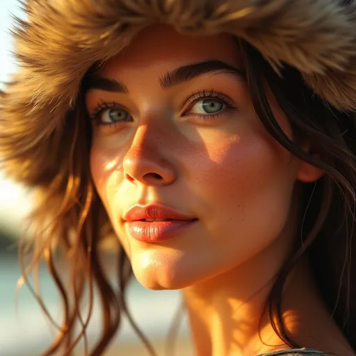 Prompt: a woman with captivating facial expression, sundress, sunlight on her face, furtalk hat