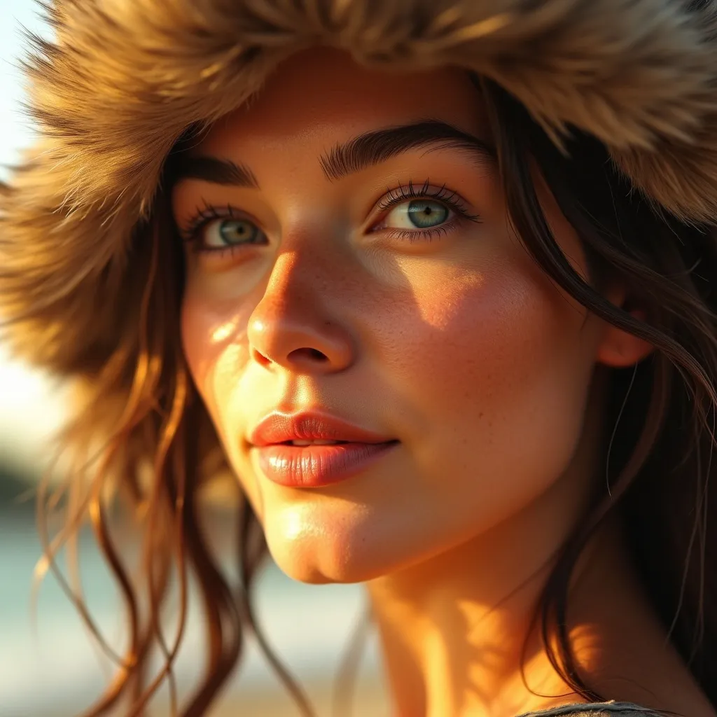 Prompt: a woman with captivating facial expression, sundress, sunlight on her face, furtalk hat