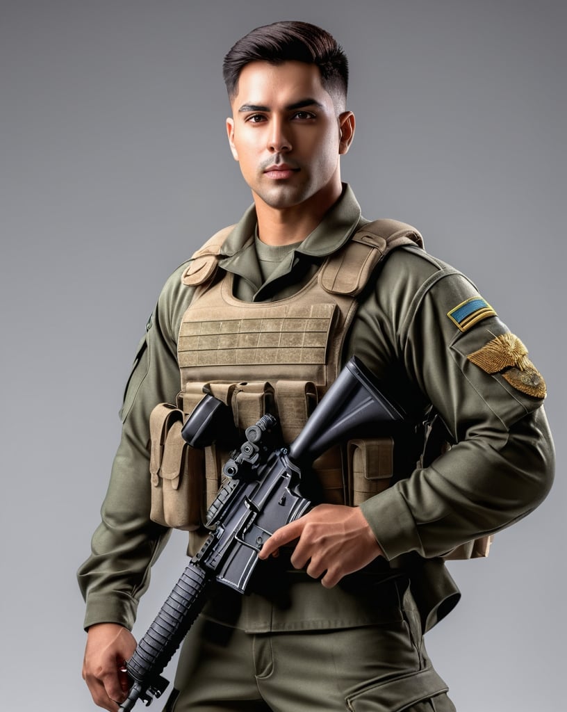 Prompt: male soldier, soldier outfit, full body portrait, photorealistic picture, detailed facial features, high quality, professional lighting