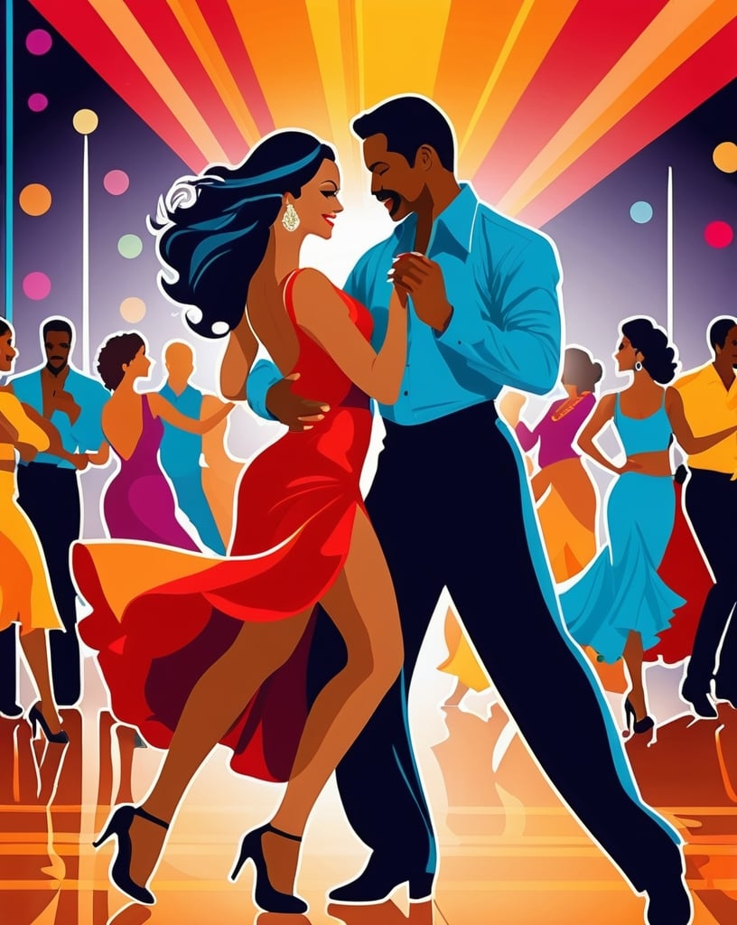 Prompt: salsa dance scene, detailed costumes, salsa dancers, dynamic poses