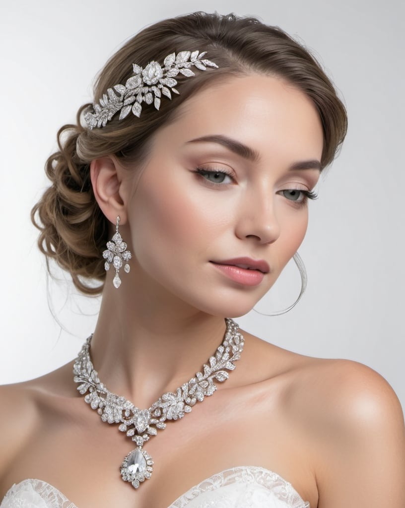 Prompt: bridal set jewelry on an elegant human model, white background, commercial photograph, professional, highly detailed