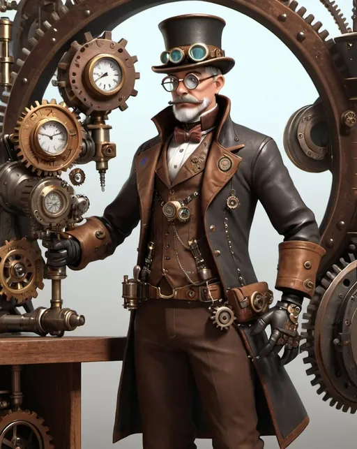 Prompt: Steampunk Inventor, 3d character, full-body digital illustration, high quality, detailed texture, high-res, trending on artstation