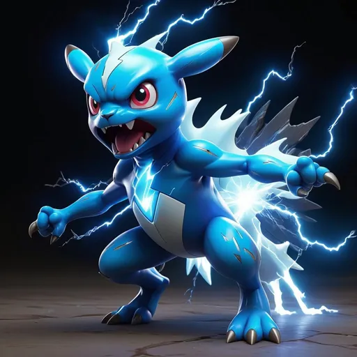 Prompt: Electric pokemon-style creature, blue, vibrant and energetic, 3D rendering, crackling sparks, dynamic pose, lightning effects, high energy, vibrant 3D render, intense and electrifying, anime-inspired, dynamic lighting, high quality, electrifying effects