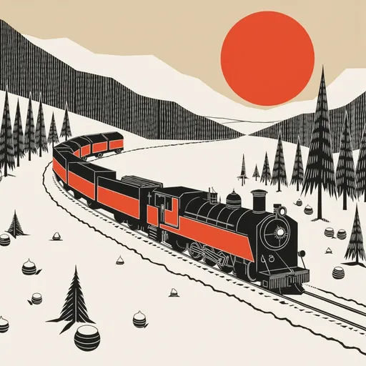 Prompt: vintage style muted and warm colors, retro color palette, nostalgic aesthetics, earth tones, train driving through snowy mountain landscape