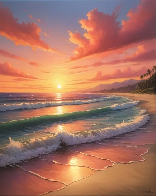 Prompt: Sunset beach landscape, calm ocean waves, sandy shore, vibrant sunset colors, high quality, realistic, warm tones, serene lighting