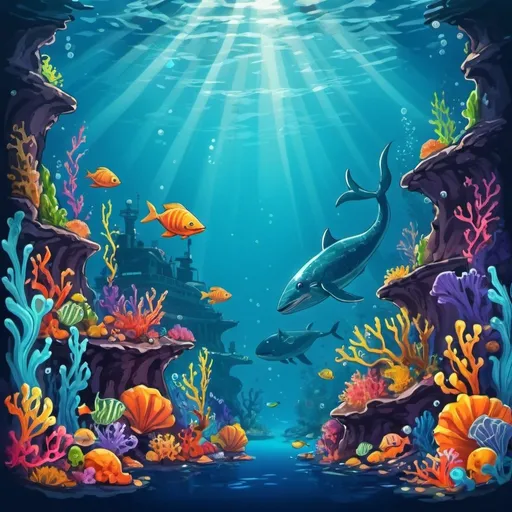 Prompt: underwater scene, cartoon, adventurous, vibrant, dynamic, deep sea