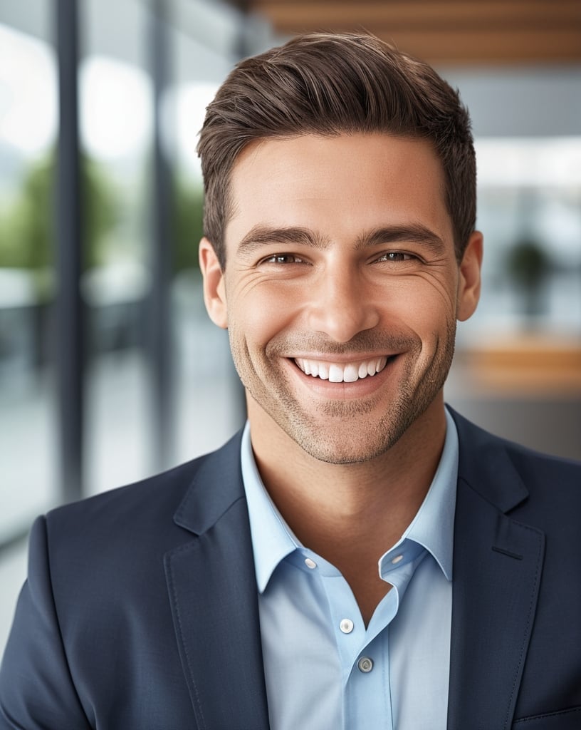 Prompt: Detailed business commercial marketing photo, a person smiling and offering support, highly-detailed, photorealistic, realistic