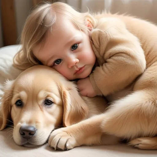 Prompt: cute baby with golden retriever, soft colors, peaceful and serene, delicate features, gentle lighting, high quality, detailed, realistic, calm and tranquil atmosphere, cozy and warm, soothing tones, peaceful lighting