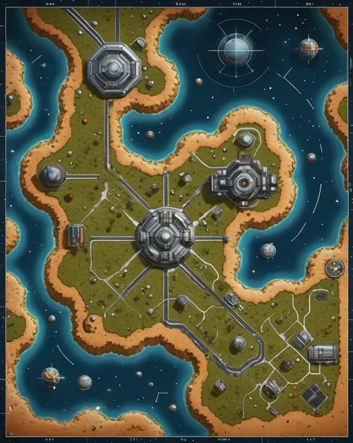 Prompt: A top-down map of a space colony map, 2d battlemap, highly details, 8k, space style