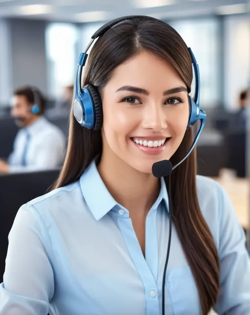 Prompt: Detailed business commercial marketing photo, a person smiling and offering support wearing headset and microphone, call center background, highly-detailed, photorealistic, realistic