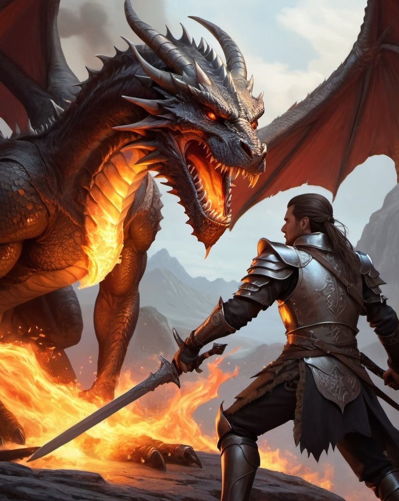 Prompt: a warrior encounters a dragon, flames effect, details clothes, highly detailed scene, fantasy character art, digital illustration, dnd