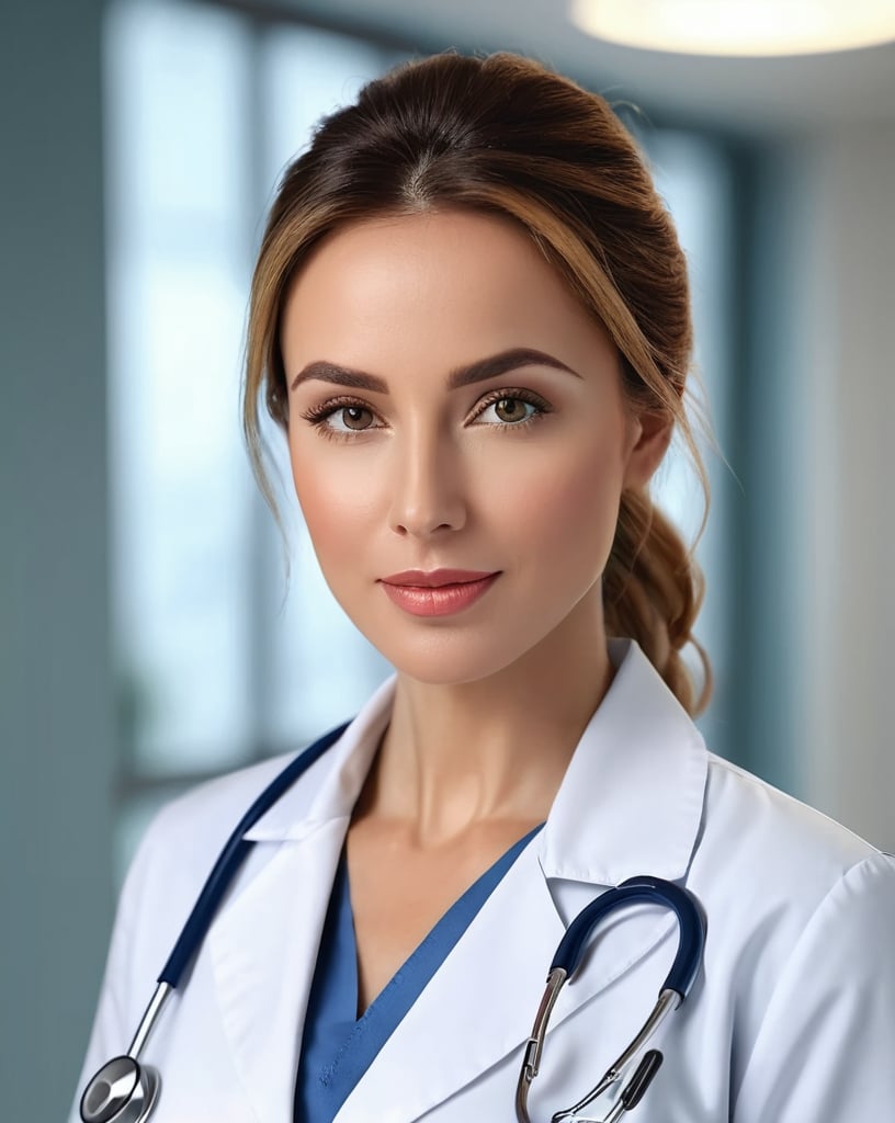 Prompt: doctor woman, photorealistic picture, detailed facial features, doctor outfit, hospital background, confident expression, intelligent gaze, high quality, professional lighting