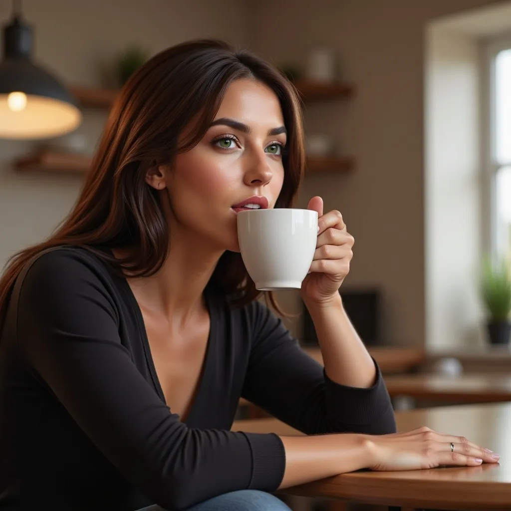 Prompt: a woman sitting and drinking from a cup of coffee